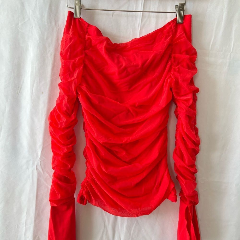 New Y2K Red Ruched Off-Shoulder Corset Long Sleeve Mesh Top XS Coquette party